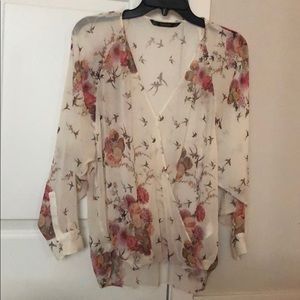 Zara trf sheer floral/birds printed top